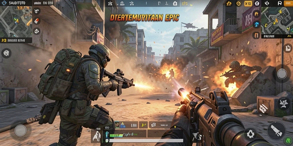 Screenshot utama menunjukkan aksi seru dalam game FPS SAUDITOTO.